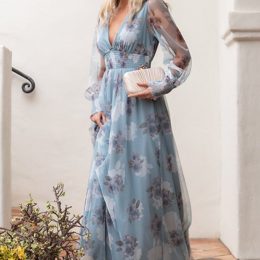 Baltic Born Layla Tulle Maxi Dress | Light Blue Floral Size MM - Picture 4 of 5